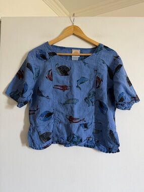Vintage TomTom Blue Fish Print Linen Cropped Short Sleeve Top size XS